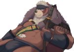  2020 absurd_res anthro armpit_hair body_hair brown_body brown_fur bulge clothing fur hi_res humanoid_hands kemono kimun_kamui_(tas) loincloth male mammal overweight overweight_anthro overweight_male sige315 simple_background solo tokyo_afterschool_summoners ursid video_games weapon white_background 