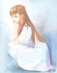  1girl aqua_eyes blue_bow bow braid dress full_body gundam gundam_wing hair_bow highres kneeling light_brown_hair long_hair parted_lips relena_peacecraft sakimori_uta simple_background solo white_dress 