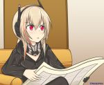  1girl bangs black_jacket blonde_hair derivative_work english_commentary eyebrows_visible_through_hair facebook_username girls_frontline hair_between_eyes headgear holding holding_paper iam indoors jacket long_hair long_sleeves m4_sopmod_ii_(girls_frontline) meme multicolored_hair open_mouth paper parody red_eyes red_hair sidelocks sitting sitting_on_object solo streaked_hair tom_and_jerry upper_body 