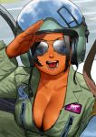  1girl aircraft airplane bodysuit breasts canopy cleavage cockpit dark_skin english_commentary fighter_jet jet large_breasts looking_at_viewer military military_base military_vehicle open_mouth original pilot pilot_helmet pilot_suit runway salute sidelocks sunglasses tan uka_(cessa) unzipped visor zipper zipper_pull_tab 