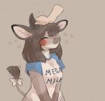  &lt;3 5_fingers anthro black_horn blush bovid bovine brown_background brown_body brown_fur brown_hair brown_nose cattle clothing duo english_text eyes_closed female fingers fur guernsey_cattle hair head_pat horn lewdshiba mammal markings mega_milk petting pippi_(lewdshiba) ribbons shirt short_hair simple_background tail_bow tail_ribbon tail_tuft text text_on_clothing text_on_shirt text_on_topwear topwear tuft 