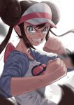 1girl absurdres blood blood_from_mouth blue_eyes blurry_foreground bright_pupils brown_hair clenched_teeth collarbone double_bun evil_grin evil_smile fighting_stance grin highres long_hair looking_at_viewer mei_(pokemon) pokemon pokemon_(game) pokemon_bw2 raglan_sleeves scratches shirt smile solo taiga_(ryukyu-6102-8) teeth textless translation_request twintails upper_body v-shaped_eyebrows very_long_hair visor_cap white_pupils 