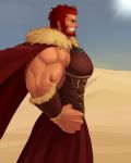  1boy absurdres armor bara beard cape chest facial_hair fate/grand_order fate/zero fate_(series) hand_on_hip highres iskandar_(fate) leather male_focus manly muscle pectorals red_eyes red_hair smile solo upper_body xianyusamuel 