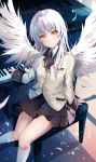  1girl angel_beats! angel_wings arm_support blazer blush breasts commentary eyebrows_visible_through_hair feathered_wings feathers head_tilt highres hirai_yuzuki instrument jacket long_hair looking_at_viewer piano school_uniform silver_hair sitting skirt socks solo tenshi_(angel_beats!) wings yellow_eyes 