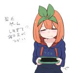  1girl bangs blue_hoodie blush closed_eyes closed_mouth clothes_writing collarbone commentary_request drawstring eyebrows_behind_hair facing_viewer go-toubun_no_hanayome green_ribbon hair_between_eyes hair_ribbon handheld_game_console holding hood hood_down hoodie kujou_karasuma nakano_yotsuba orange_hair ribbon signature simple_background solo tears translation_request upper_body white_background 