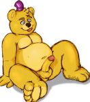  2016 animatronic anthro balls belly clothing erection five_nights_at_freddy&#039;s fredbear_(fnaf) genitals hat headgear headwear hi_res machine male mammal oseterollicete overweight overweight_anthro overweight_male penis robot simple_background sitting smoosho solo tongue tongue_out ursid video_games white_background yellow_body 