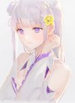  1girl arm_up bangs bare_shoulders braid breasts cleavage closed_mouth commentary_request detached_sleeves dress emilia_(re:zero) eyebrows_visible_through_hair flower french_braid gomzi hair_flower hair_ornament long_hair medium_breasts pink_lips pointy_ears purple_eyes re:zero_kara_hajimeru_isekai_seikatsu sidelocks silver_hair white_dress 