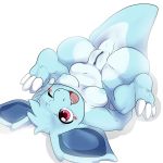  2020 3_toes belly blue_body blush blush_stickers breasts claws cute_fangs female feral front_view genitals hi_res holding_legs legs_over_head legs_up looking_at_viewer luuriolu lying nidorina nintendo nipples nude on_back one_eye_closed open_mouth pok&eacute;mon pok&eacute;mon_(species) pussy red_eyes simple_background solo toes video_games white_background 