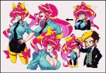  2girls breasts cleavage fang green_eyes hair_ears hand_on_hip highres large_breasts long_hair long_ponytail multicolored_hair multiple_girls multiple_persona multiple_views nueko829 open_mouth orange_eyes original pink_hair ponytail short_hair tied_hair 