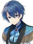  1boy ahoge blue_eyes blue_hair blue_neckwear brooch closed_mouth eyebrows_visible_through_hair eyes_visible_through_hair hair_between_eyes harusaki_air hirai_yuzuki jewelry male_focus mole mole_under_eye nijisanji simple_background smile solo upper_body virtual_youtuber white_background 