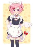  1girl alternate_costume annoyed apron bangs bell bell_choker black_choker black_legwear blush bow cat_cutout cat_tail choker cleavage_cutout commentary doki_doki_literature_club enmaided fang frilled_legwear frilled_shirt_collar frills gloves hair_ornament hair_ribbon hairclip hand_on_hip jingle_bell looking_at_viewer maid maid_headdress moyori natsuki_(doki_doki_literature_club) open_mouth paw_gloves paw_print paws pink_eyes pink_hair puffy_short_sleeves puffy_sleeves red_ribbon ribbon short_hair short_sleeves simple_background solo sweatdrop swept_bangs tail tail_bell tail_bow thighhighs two_side_up 