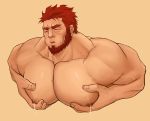  1boy absurdres bara beard chest closed_eyes cropped_torso facial_hair fate/grand_order fate_(series) highres iskandar_(fate) male_focus male_lactation manly muscle nipples pectoral_grab pectorals shirtless solo upper_body xianyusamuel 
