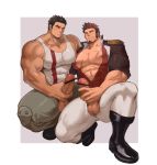 2boys abs absurdres akihiro_altland bar_censor bara black_hair blush brown_hair censored chest covered_abs covered_nipples crossover dark_skin dark_skinned_male epaulettes erection facial_hair fate/grand_order fate_(series) fringe_trim goatee gundam gundam_tekketsu_no_orphans highres jacket large_penis male_focus male_masturbation manly masturbation military military_uniform multiple_boys muscle napoleon_bonaparte_(fate/grand_order) nipples open_clothes open_jacket pants pectoral_docking pectorals penis shirtless sideburns smile squatting tank_top testicles thick_thighs thighs tight unbuttoned uniform white_pants xianyusamuel yaoi 