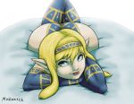  absurd_res bedroom_eyes butt elf female hi_res human humanoid lying makeup mammal mudwatch narrowed_eyes on_front original_characters seductive smile solo wide_hips 