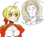  1girl ahoge bangs blonde_hair blush breasts brown_hair cleavage dress eyebrows_visible_through_hair facial_hair fate/grand_order fate_(series) green_eyes hair_intakes long_sleeves medium_breasts napoleon_bonaparte_(fate/grand_order) nero_claudius_(fate)_(all) ribbon shitappa sideburns thought_bubble translation_request 