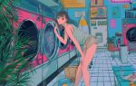  1girl bent_over black_hair green_eyes highres laundromat laundry laundry_basket looking_at_viewer medium_hair najuco_(naju0517) original pursed_lips solo tank_top thick_lips washing_machine 