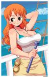  1girl absurdres arm_up bikini bikini_top bikini_under_clothes blue_sky blush brown_eyes cloud cowboy_shot day hand_behind_head highres holding long_hair midriff nami_(one_piece) one_piece orange_hair outdoors signature simmsyfart sky smile solo strapless swimsuit tubetop white_tubetop 