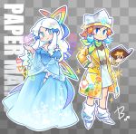  2girls beco_(100me) blue_dress blue_eyes book boots bow checkered checkered_background copyright_name crown dress earrings green_scarf hair_bow hair_ribbon highres jacket jewelry kersti_(paper_mario) mario_(series) multiple_girls orange_hair outline paper_mario paper_mario:_sticker_star patterned_background personification pointy_ears rainbow_print ribbon scarf see-through short_hair sidelocks signature sticker super_paper_mario tippi_(paper_mario) tress_ribbon white_footwear white_hair white_outline yellow_jacket 