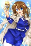  1girl bangs beer_can belt blue_jacket blue_neckwear blue_skirt can coat coat_on_shoulders commentary_request detexted dress_shirt eyebrows_visible_through_hair froth hair_ornament hairclip hand_on_hip highres holding holding_can jacket long_sleeves looking_at_viewer lyrical_nanoha magic_circle mahou_senki_lyrical_nanoha_force medium_hair military military_uniform miniskirt necktie open_mouth pantyhose partial_commentary pencil_skirt san-pon shirt side_slit skirt smile solo standing third-party_edit trench_coat tsab_naval_military_uniform twitter_username uniform white_belt white_coat white_legwear white_shirt x_hair_ornament yagami_hayate 