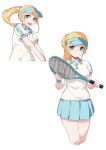  1girl 40hara bangs blonde_hair blue_eyes blue_skirt breasts highres holding_racket iya_na_kao_sare_nagara_kozukuri_sasete_moraitai large_breasts long_hair looking_at_viewer multiple_views open_mouth racket shirt short_sleeves sidelocks skirt smile sportswear tennis_racket tennis_uniform thighs visor_cap white_shirt wristband 