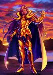  1boy armor boots breastplate character_request closed_mouth cloud cloudy_sky gold_armor gold_saint hand_up highres kotatsu_(g-rough) long_hair male_focus pauldrons purple_hair saint_seiya shoulder_armor sky solo standing sunset 