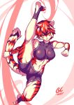  5_fingers action_pose anthro arknights black_body black_fur black_hair breasts clothing csuryolaksono felid female fingers fur hair hi_res mammal middriff multicolored_body multicolored_fur multicolored_hair navel open_mouth orange_body orange_fur orange_hair pantherine pose solo striped_body striped_fur stripes tiger toes video_games waaifu white_body white_fur white_hair 