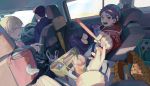  1girl 3boys baseball_bat black_eyes black_hair blonde_hair drink driving food highres ka_4maki multiple_boys offering original pov vehicle_interior yellow_eyes 