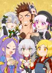  1boy 5girls beard blonde_hair blue_eyes blush brown_hair chest epaulettes facial_hair fate/apocrypha fate/extra fate/grand_order fate_(series) ibaraki_douji_(fate/grand_order) jack_the_ripper_(fate/apocrypha) jeanne_d&#039;arc_(fate)_(all) jeanne_d&#039;arc_alter_santa_lily long_sleeves looking_at_viewer multiple_girls napoleon_bonaparte_(fate/grand_order) nursery_rhyme_(fate/extra) pants paul_bunyan_(fate/grand_order) pectorals purple_eyes purple_hair scar shitappa simple_background smile white_hair wu_zetian_(fate/grand_order) 