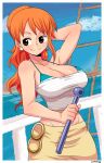  1girl absurdres arm_up bikini bikini_top bikini_under_clothes blue_sky blush brown_eyes cloud cowboy_shot day hand_behind_head highres holding long_hair midriff nami_(one_piece) one_piece orange_hair outdoors ponytail signature simmsyfart sky smile solo strapless swimsuit tubetop white_tubetop 