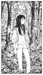 12v 1girl black_hair forest highres ink_(medium) jacket long_hair looking_up monochrome nature original solo traditional_media 
