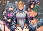  3girls black_hair blonde_hair blue_eyes breasts brown_eyes carna cleavage covered_navel cowboy_shot cyborg feathers fiorung green_eyes grey_background highres holding holding_staff huge_breasts jewelry looking_at_viewer makna_armour medium_breasts melia miniskirt multiple_girls navel negresco one-piece_swimsuit pendant short_hair silver_hair skirt smile staff swimsuit thighhighs white_swimsuit xenoblade_(series) xenoblade_1 