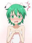  /\/\/\ 1girl @_@ antennae bangs bare_shoulders blush cato_(monocatienus) commentary covering covering_breasts eyebrows_visible_through_hair green_eyes green_hair hair_between_eyes looking_at_viewer naked_towel nose_blush open_mouth short_hair simple_background solo touhou towel upper_body v-shaped_eyebrows white_background wriggle_nightbug 