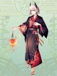  1boy black_horns black_kimono dairoku_youhei fan floral_print folding_fan full_body green_background hair_ornament holding holding_fan holding_lantern horns japanese_clothes kimono lantern male_focus morino_bambi red_eyes simple_background solo wide_sleeves 