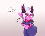  clothed clothing demon demon_humanoid dialogue ear_piercing ear_ring female gradient_background hi_res huarbodraw humanoid humanoid_pointy_ears hybrid league_of_legends not_furry piercing riot_games simple_background solo tristana_(lol) video_games yordle 