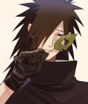  1boy absurdres black_eyes black_gloves brown_hair closed_mouth gloves hair_over_one_eye half-closed_eye highres holding holding_leaf leaf light_smile long_hair male_focus naruto_(series) portrait simple_background solo sosaka spiked_hair uchiha_madara white_background 