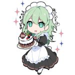  1girl byleth_(fire_emblem) byleth_(fire_emblem)_(female) cake dated fire_emblem fire_emblem:_three_houses food green_eyes green_hair holding ijiro_suika long_sleeves maid maid_headdress open_mouth simple_background solo twitter_username white_background 
