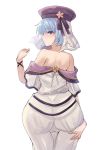  1girl ass ass_grab bare_shoulders blue_eyes blue_hair blush dress fire_emblem fire_emblem_echoes:_shadows_of_valentia fire_emblem_heroes grabbing_own_ass hat looking_at_viewer looking_back off_shoulder short_hair short_sleeves silque_(fire_emblem) simple_background solo white_background white_dress yui_(msy1302mana) 