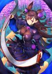  1girl breasts brown_hair calligraphy_brush closed_mouth double_bun dress fate/grand_order fate_(series) flower flower_request highres holding juliet_sleeves kotoribako large_breasts long_dress long_hair long_sleeves looking_at_viewer murasaki_shikibu_(fate) paintbrush puffy_sleeves purple_dress purple_eyes scroll smile solo wide_sleeves 