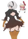  1girl ass backless_outfit black_blindfold black_dress blindfold brand_name_imitation brown_gloves chocolate dress food food_themed_clothes gloves ice_cream melting meme nier_(series) nier_automata pod_(nier_automata) robot simple_background spoon twitter_username vinhnyu white_background white_hair yorha_no._2_type_b 