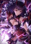  1girl armor bangs bare_shoulders breasts cleavage ekusufeito expressionless floating_hair gloves highres holding honkai_(series) honkai_impact_3rd horns katana large_breasts lightning long_hair looking_at_viewer oni_horns open_mouth purple_eyes purple_hair raiden_mei raiden_mei_(herrscher_of_lightning) solo sword symbol-shaped_pupils thighhighs very_long_hair weapon 