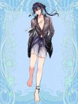  1boy barefoot black_jacket blue_background blue_eyes feathers full_body hair_between_eyes hair_feathers hand_in_pocket jacket jewelry kerberos_blade long_hair looking_at_viewer male_focus morino_bambi necklace ponytail see-through shorts simple_background sleeves_past_wrists standing 