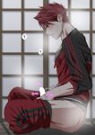  1boy ? blush erection grey_eyes heavy_breathing highres irokawa_iku jacket looking_down male_focus male_masturbation masturbation ookanehira_(touken_ranbu) pants parted_lips penis red_hair red_track_suit sitting sliding_doors solo touken_ranbu track_jacket track_pants track_suit zipper_pull_tab 