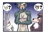  2020 anthro beastars blush bodily_fluids canid canine canis comic daimo fur grey_body grey_fur group haru_(beastars) juno_(beastars) lagomorph legoshi_(beastars) leporid mammal nude rabbit scar sweat sweatdrop take_your_pick white_body white_fur wolf young 