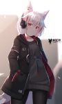  2020 animal_humanoid belt blush canid canid_humanoid clothing cyrillic_text female hair hand_in_pocket headphones hi_res highlights_(coloring) humanoid jacket mammal mammal_humanoid mirufuaa pockets red_eyes red_highlights short_hair solo text topwear white_hair 