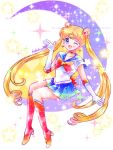  1girl ;d bishoujo_senshi_sailor_moon blonde_hair blue_eyes blue_sailor_collar blue_skirt boots bow bowtie choker collarbone collared_shirt crescent crescent_earrings double_bun earrings elbow_gloves eyebrows_visible_through_hair floating_hair gloves gradient_skirt hair_intakes hoshikuzu_(milkyway792) jewelry knee_boots long_hair looking_at_viewer miniskirt one_eye_closed open_mouth pleated_skirt red_bow red_choker red_footwear red_neckwear sailor_collar sailor_moon sailor_senshi_uniform sailor_shirt shiny shiny_hair shirt sitting sitting_on_moon skirt smile solo very_long_hair white_gloves white_shirt 