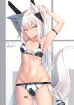  1girl animal_ear_fluff animal_ears arm_strap armpits arms_up bangs barcode_tattoo bikini blush breasts fox_ears fox_tail groin headgear highres long_hair looking_at_viewer mirufuaa navel original ponytail sidelocks small_breasts solo stomach swimsuit tail tattoo thighs very_long_hair wet white_hair yellow_eyes 