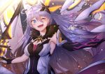  1girl ;d ahoge armor armored_dress bangs bare_shoulders blue_eyes breasts diamond-shaped_pupils diamond_(shape) dress ekusufeito elbow_gloves energy_wings eyebrows_visible_through_hair floating_weapon fur_collar gloves hair_between_eyes hair_ornament honkai_(series) honkai_impact_3rd jewelry kiana_kaslana kiana_kaslana_(herrscher_of_the_void) long_hair looking_at_viewer medium_breasts one_eye_closed open_mouth polearm sidelocks silver_hair single_elbow_glove smile solo spear symbol-shaped_pupils tearing_up very_long_hair weapon 