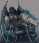 absurd_res animal_humanoid belly blue_hair blue_lips blue_wings breasts claws convenient_censorship dragon dragon_humanoid female hair hi_res horn humanoid humanoid_pointy_ears ice ice_dragon lips long_hair long_tail navel old_rylai_design raised_leg scalie simple_background sitting solo tattoo unknown_artist western_dragon wings 