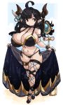  1girl absurdres ahoge armor augusta_(granblue_fantasy) bikini bikini_armor black_bikini black_hair breasts brown_eyes cleavage commentary commission draph english_commentary granblue_fantasy highres horns huge_ahoge huge_breasts long_hair pointy_ears skindentation skirt skirt_removed solo swimsuit thigh_strap zana 