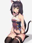  1girl akire_zz animal_ear_fluff animal_ears bangs bare_shoulders black_hair blush breasts cat_ears cat_girl cat_tail eyebrows_visible_through_hair fang green_eyes highres karyl_(princess_connect!) lap_pillow_invitation leg_garter long_hair looking_at_viewer low_twintails multicolored_hair open_mouth princess_connect! princess_connect!_re:dive seiza sitting solo streaked_hair sweat tail thighhighs thighs twintails very_long_hair white_hair 
